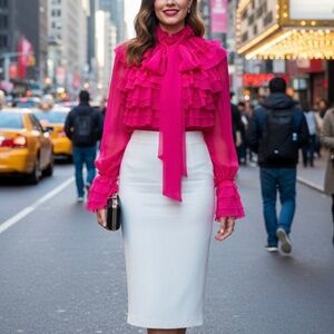 #A125   FOR HER NYC  Barbiecore Hot Pink Ruffle Organza Romantic Blouse NWT M